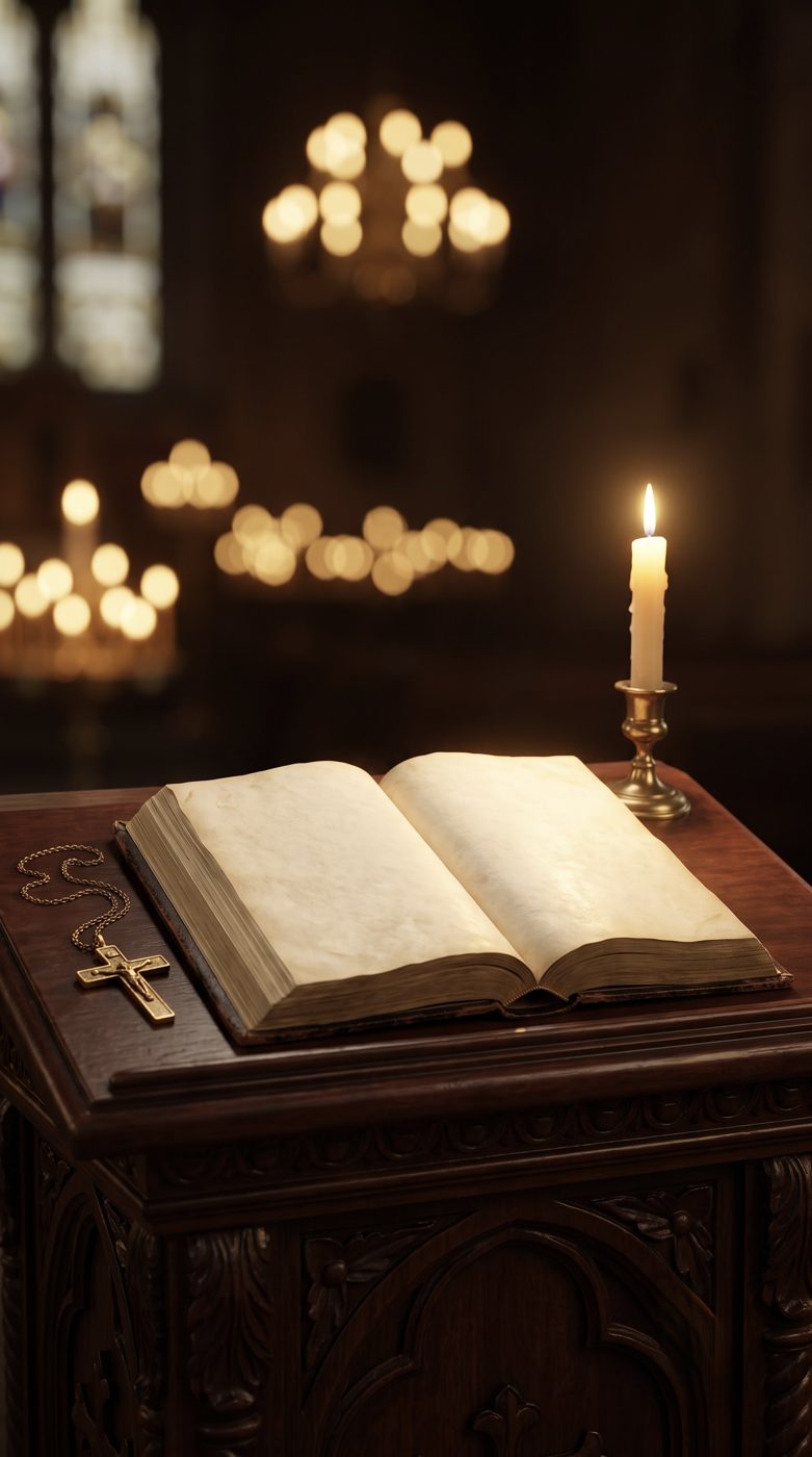 An open Bible on a church lectern beside a lit candle