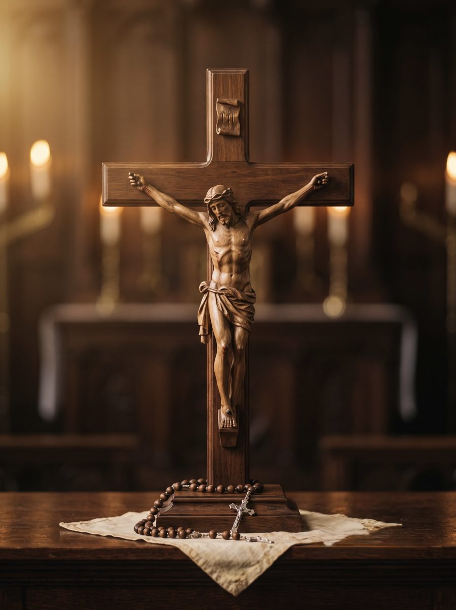 A carved wooden crucifix with a rosary at its base