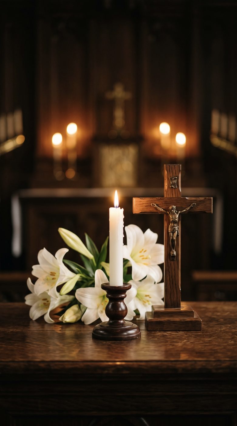 A lit candle beside a crucifix and white lilies