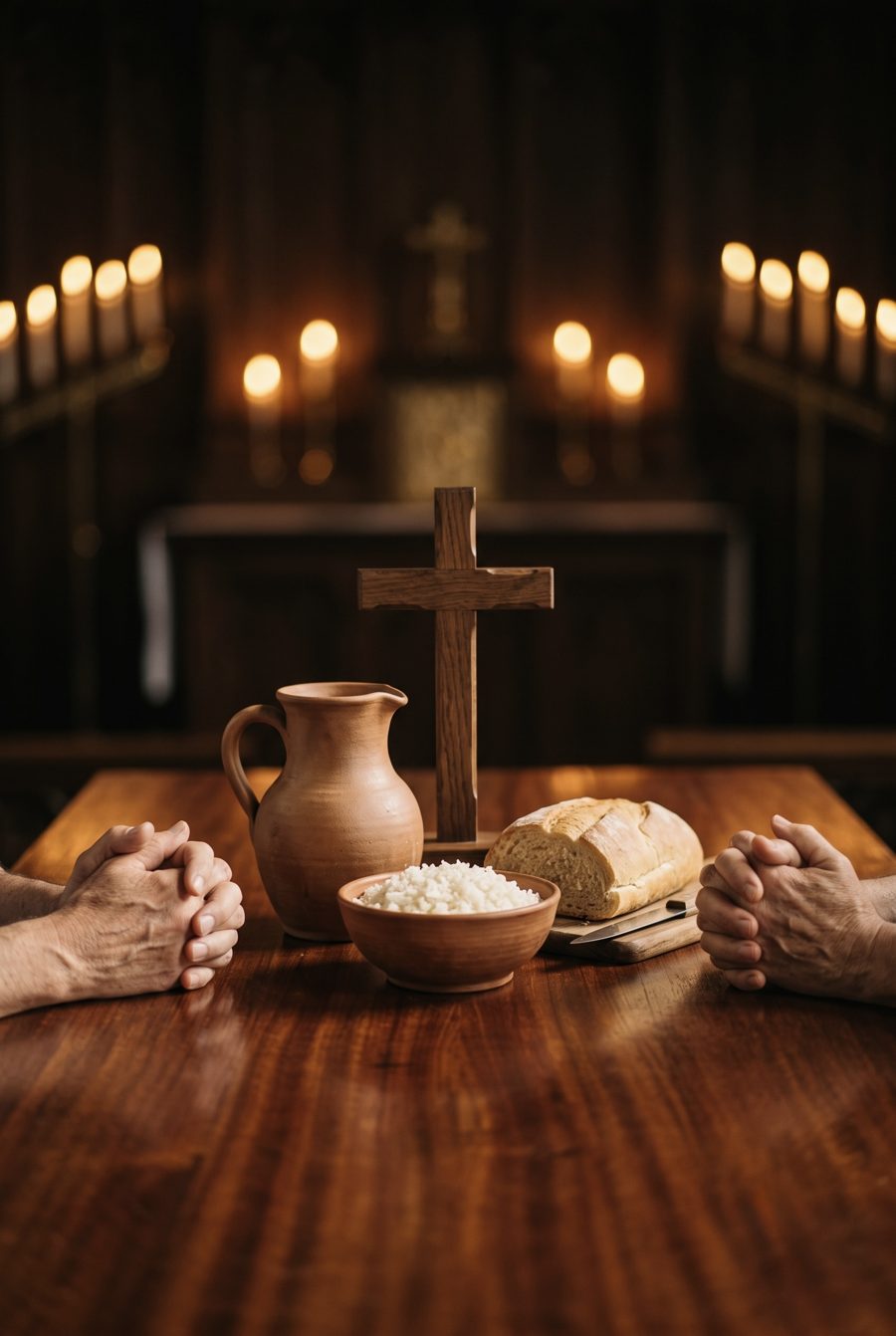 Hands folded in prayer at a table with bread, rice and a wooden cross
