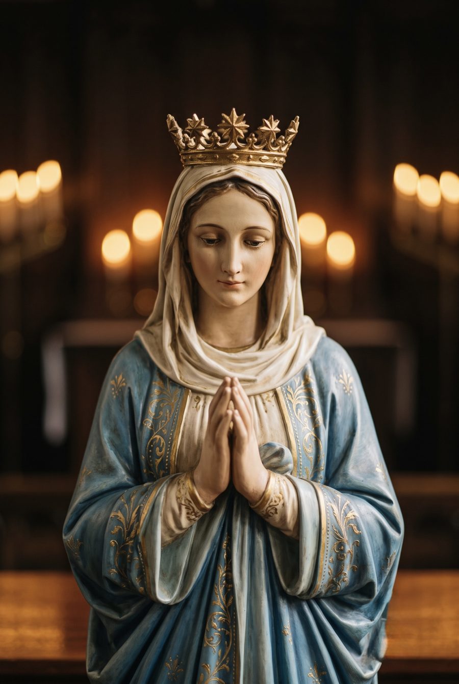 Statue of the Blessed Virgin Mary, crowned, hands joined in prayer