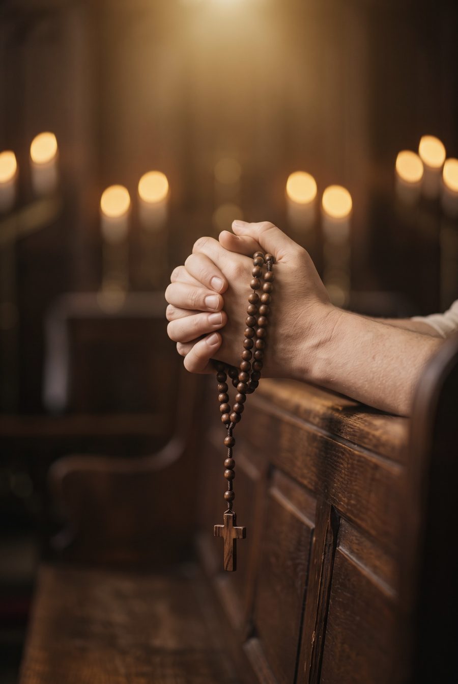 Hands folded in prayer holding a wooden rosary