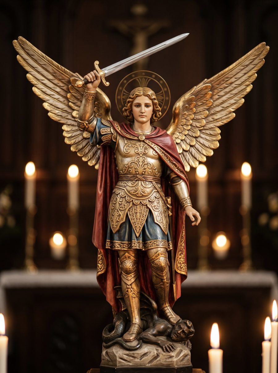 Statue of Saint Michael the Archangel with sword raised